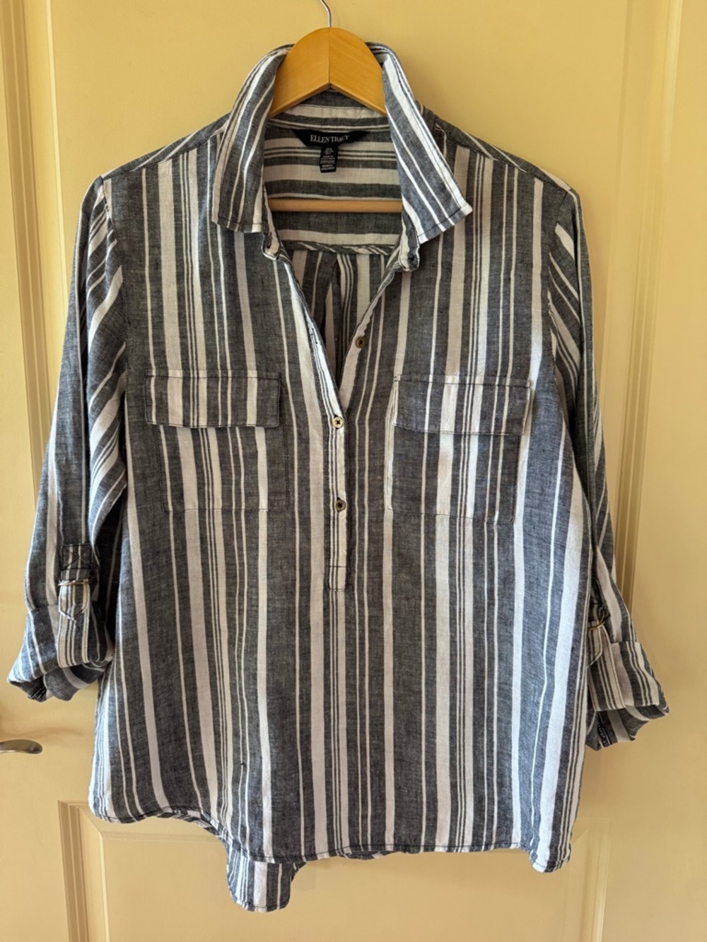Ellen Tracy Black and White Vertical Stripe Button Shirt